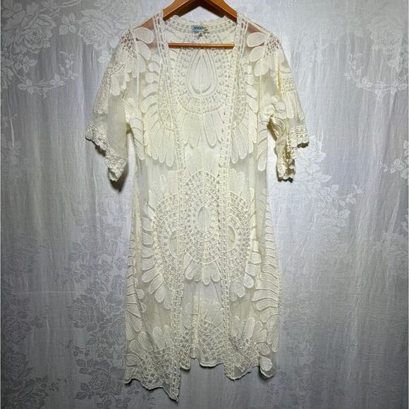 Vintage Sweaters - Rebellion Lace Cardigan Medium Cream Long Line Duster Open Short Sleeve Boho